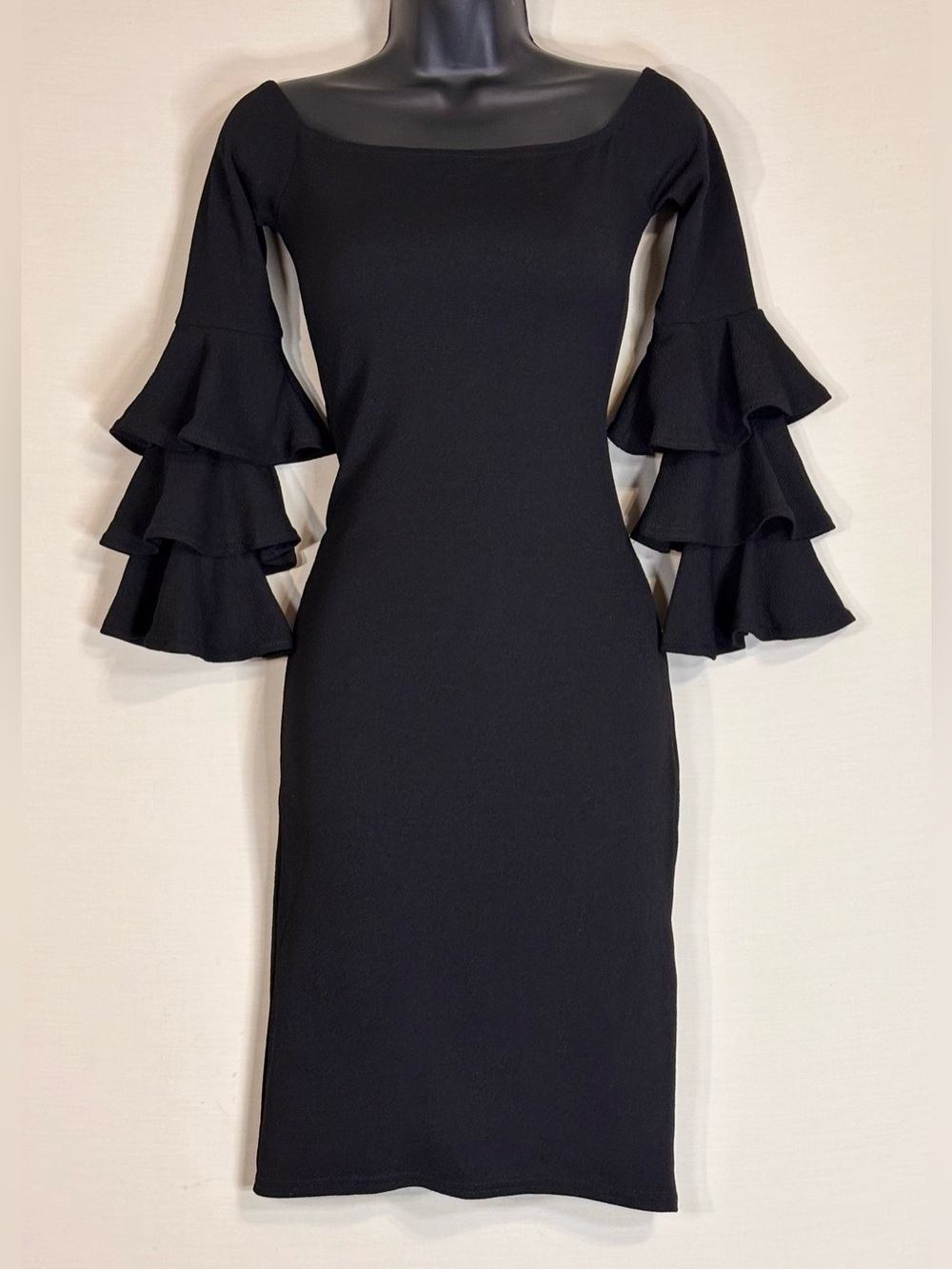 PrettyLittleThing Black Ruffle Sleeve Bodycon Midi Dress Size 8 Glam